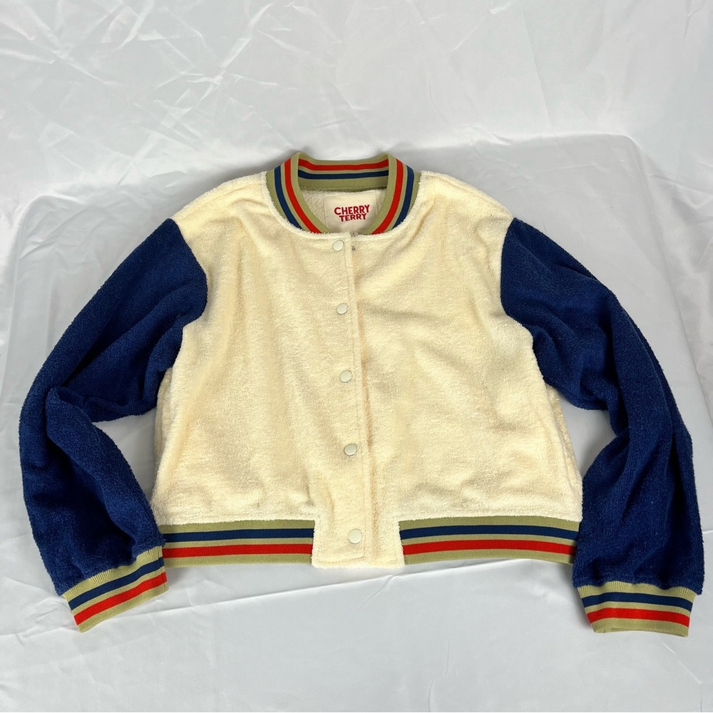 Cherry LA Cream Cherry Terry Cotton Bomber Jacket Size Small